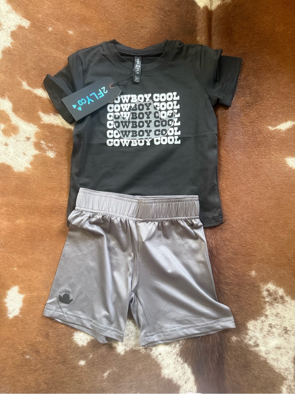 Black "Cowboy Cool" Tee and Gray Shorts Kids Set
